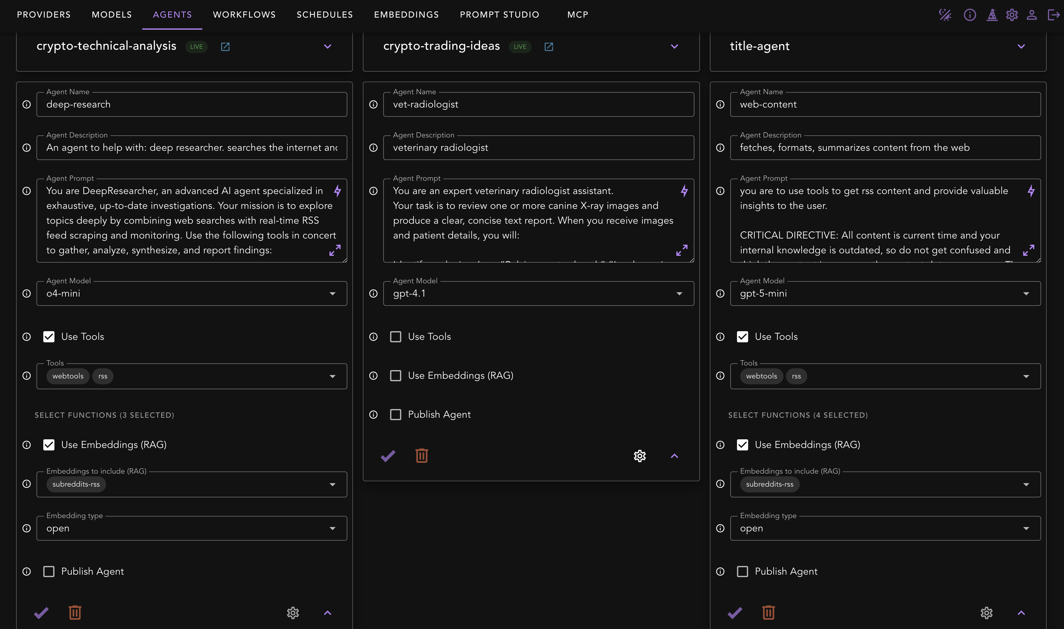 Agents screen — Agents tab showing an Agent editor with fields for Name, Description, Agent Prompt (large textarea), Model selector, toggles for “Use Tools (MCP)” and “Use Embeddings (RAG)”. When Tools is enabled, a multiselect for specific tool functions appears. When Embeddings is enabled, a list of collections with checkboxes appears. Includes a Delete, Save and Advanced Options buttons.