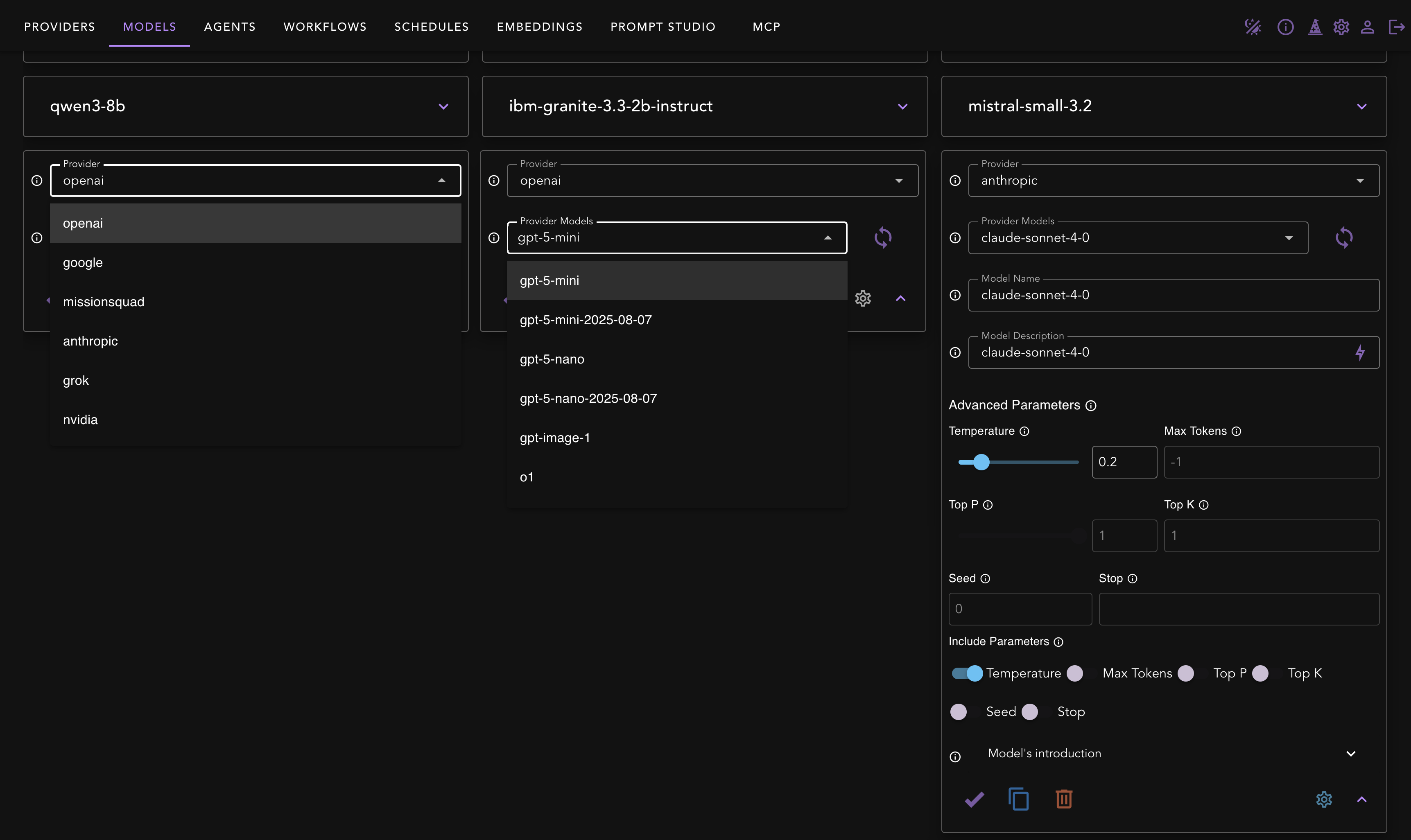 Models screen — Models tab with a Provider selector on the left, a list of provider model ids discovered in the middle, and a right‑hand form showing “Model Name”, “Description”, “Advanced Parameters” (Temperature, Max Tokens, Top‑P/Top‑K, Seed, Stop), and a Save button.