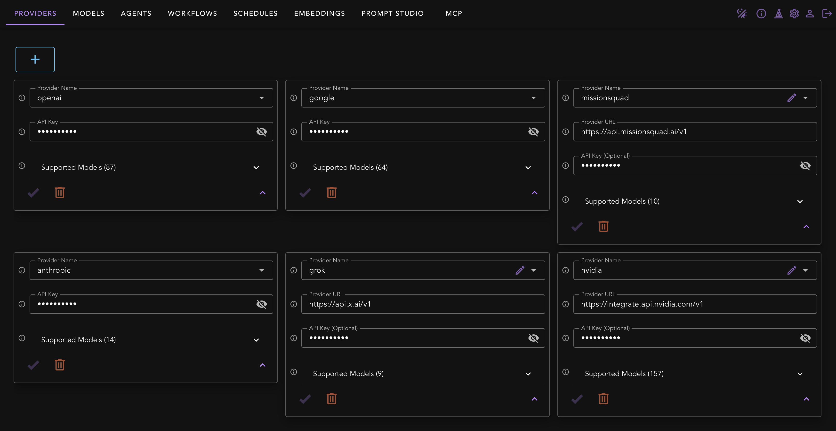 Full‑page Providers tab showing Provider dropdown [1], API Key input [2] with masked state after save, Supported Models expandable list [3], and a Delete action [4].